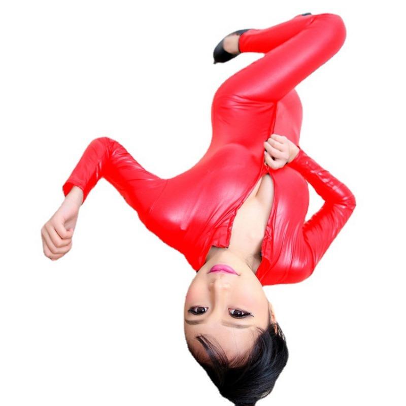 Sexy uniform one-piece zipper after opening tight leather jacket seduction open crotch showing milk patent leather workplace cosplay