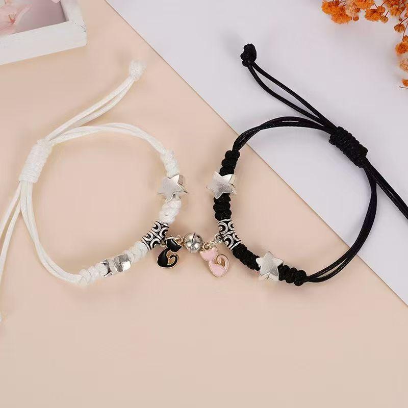 

2Pcs Magnetic Attraction Beads Couple Bracelet For Women Men Charm Four-Leaf Clover Cat Heart Key Lock Bracelet Jewelry