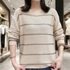 Ice Silk Knitted Sweater with Hollow Out Loose Thin Stripe Round Neck Early Spring Long Sleeved Design