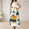 Women Plus Size Round Neck Triple Keyhole Cutout Sleeveless Cartoon Construction Vehicle Printed Maxi Dress