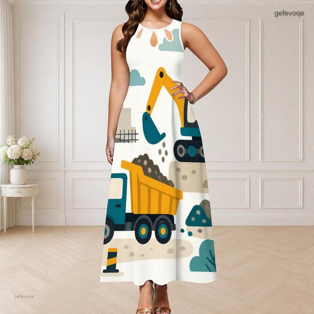 Women Plus Size Round Neck Triple Keyhole Cutout Sleeveless Cartoon Construction Vehicle Printed Maxi Dress