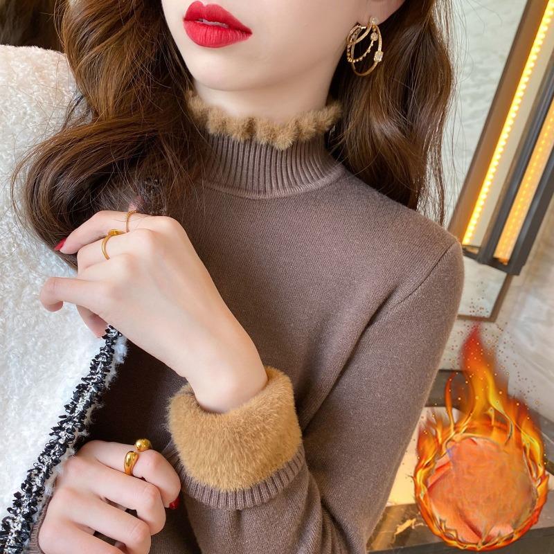 Women Winter Warm Slim Thicken Plush Sweater Velvet Lined Half Turtleneck Knit Pullover Jumper Soft Knitwear