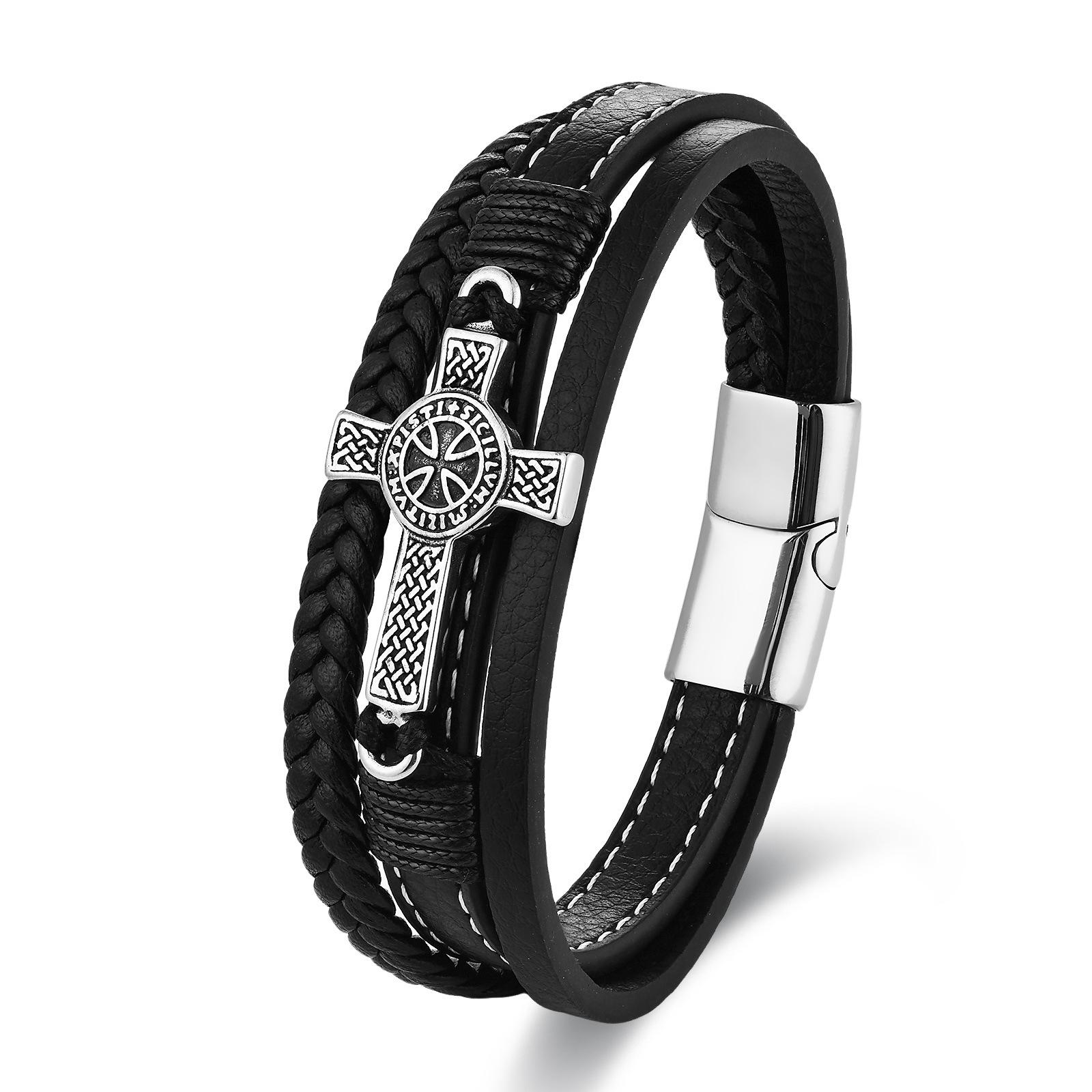 Creative Multi Layer Braided Cross Titanium Steel Leather Bracelet Personality Bangle 19cm*29g