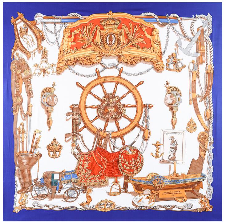 New Arrival Brand Shawl 100% Twill Silk Scarf Horse Carriage 130cm Square Scarves Print Kerchief Bandana Woman Headband Hijab