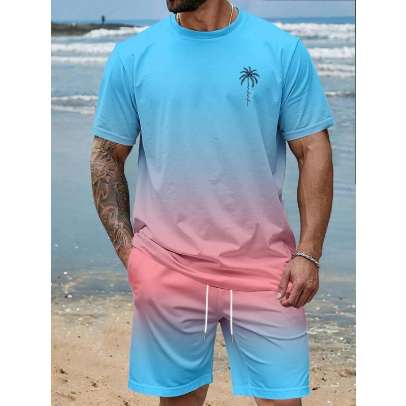 

New Gradient Color T-shirt Shorts 2-pcs Set Short Sleeve T-shirts Elastic Waist Shorts Set Pocket Hawaiian Men s Beach Swimsuit 6XL
