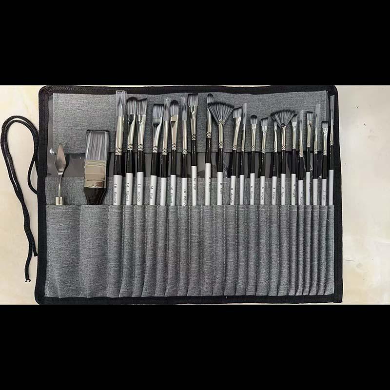 

24-Piece Watercolor & Acrylic Nylon Brush Set with Canvas Roll 24-piece Silver Gray Handle как