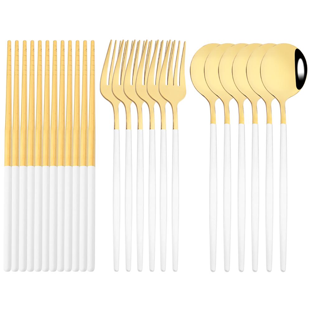 Luxury Chopsticks Knife Fork Spoon Cutlery Set 18/24 Pcs White Gold Dinnerware Set Stainless Steel Flatware Korean Tableware Set