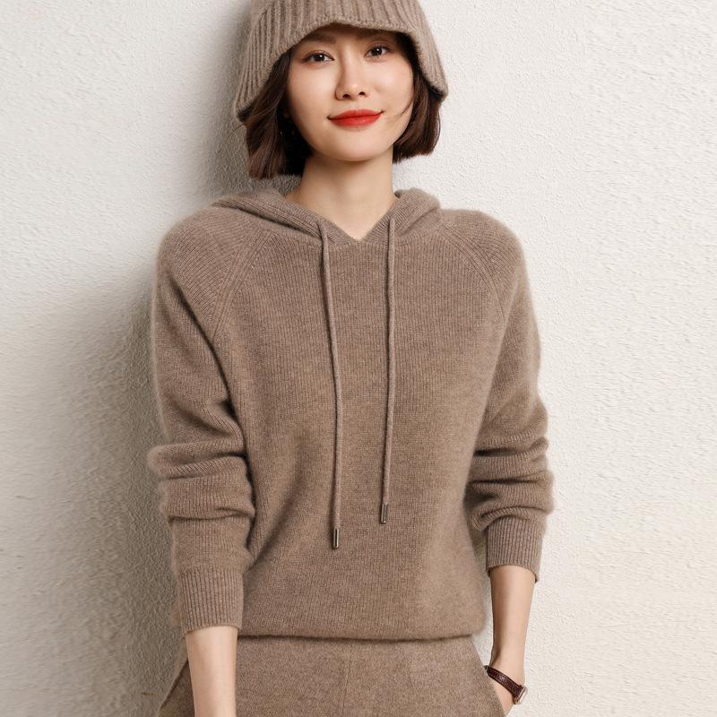 Women's 100% Wool Hooded Sweater for Fall/Winter - New Arrival Thick Knit Cashmere Base Layer