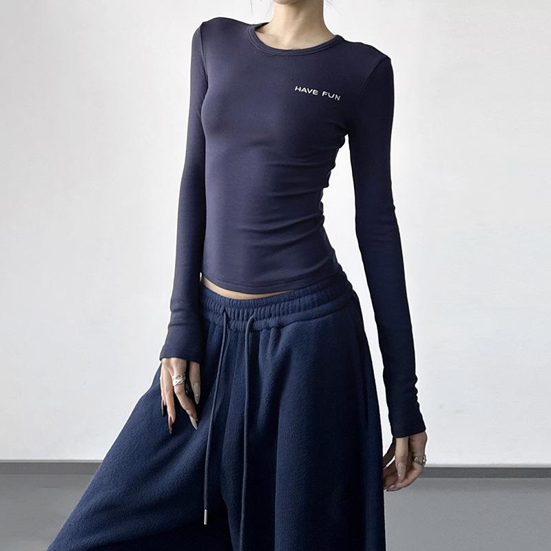 Women s 2025 Winter Bestseller: Slimming Long Sleeve Letter Print T-shirt Medium темно-синий