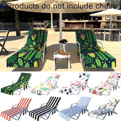 Stripe Cactus Flamingo Beach Sunbathing Lounge Chair Cover Towel with Pockets