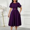 Women's summer fashion bubble sleeves elegant high waist solid color round neck large skirt dress