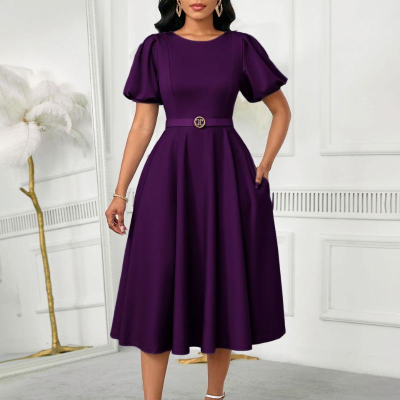 Women's summer fashion bubble sleeves elegant high waist solid color round neck large skirt dress