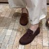Cowhide version~ Korean version of genuine leather round head flat bottom small leather shoes women's retro suede bow Brock single shoes women's tide