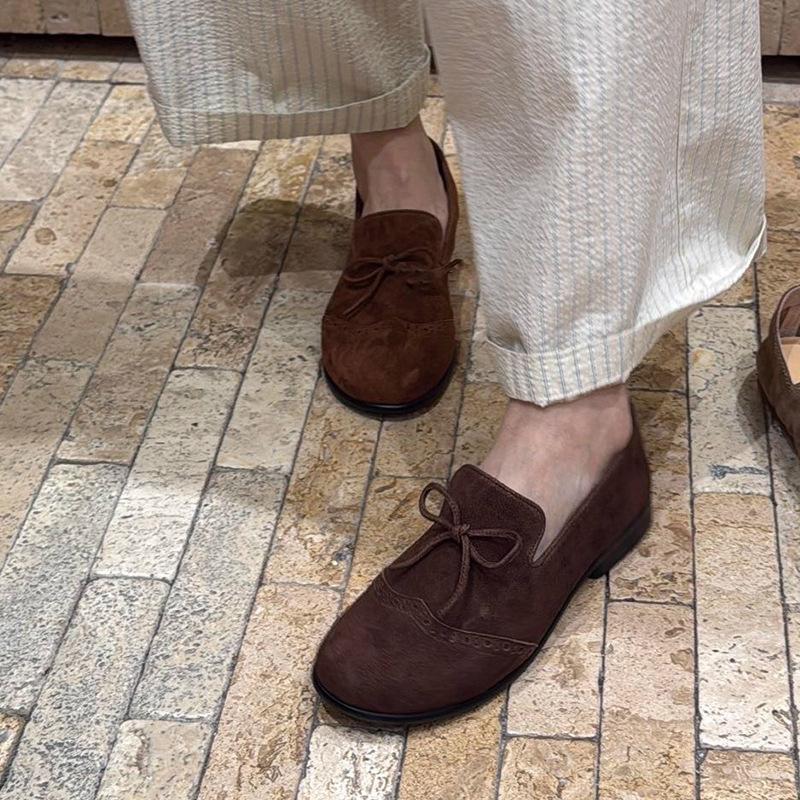 Cowhide version~ Korean version of genuine leather round head flat bottom small leather shoes women's retro suede bow Brock single shoes women's tide