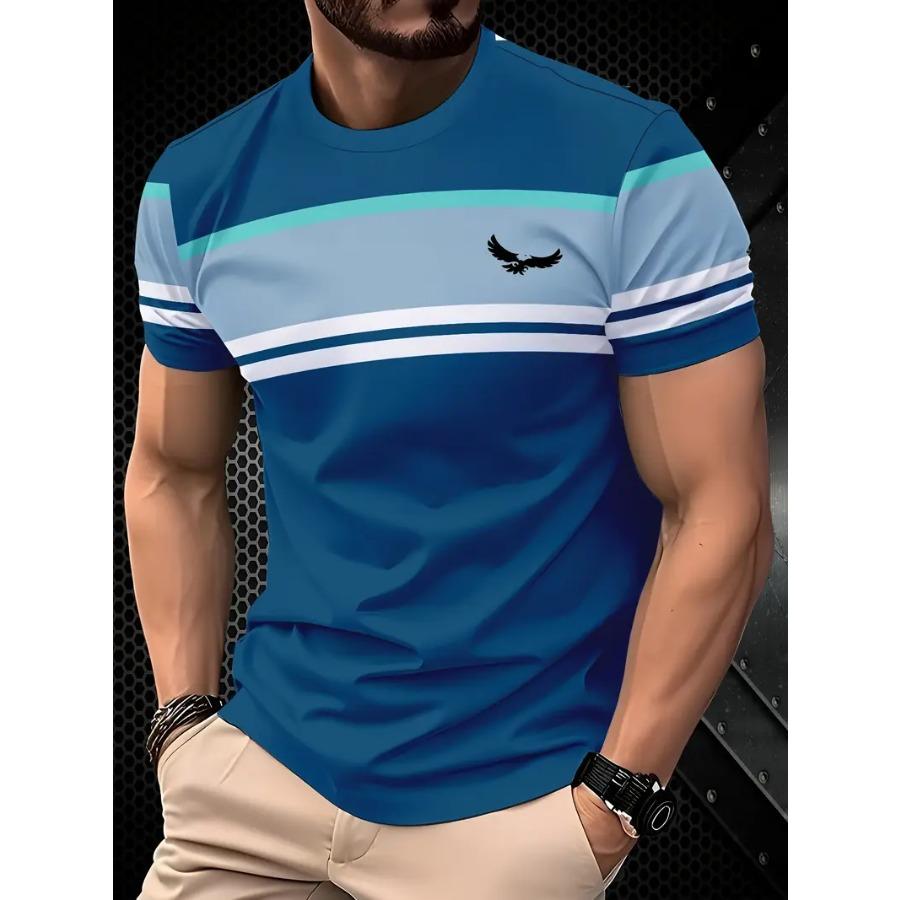 Men's 3D Blue Casual T-Shirt with Eagle Logo - Lightweight, Stretchy Fabric, Short Sleeve, Round Neck, Perfect for Outdoor