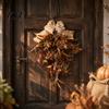 Country Style Fireplace Decoration Artificial Autumn Olive Leaf Wreath for Front Door, Retro Hanging Garland Harvest Festival Wall with Bow