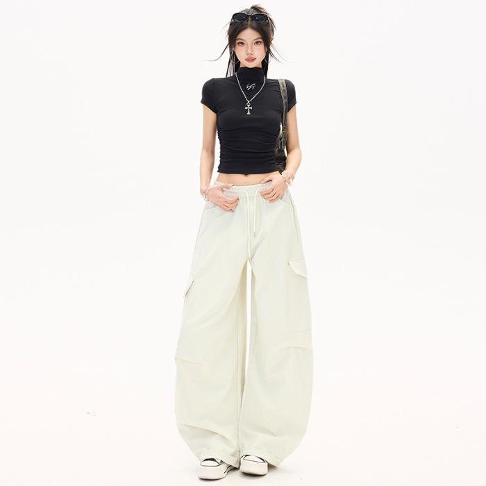 

Elastic Waist Women s Wide-Leg Workwear Pants - Spring/Summer 2026 Multi-Pocket, Floor-Length Design Extra Large молочный белый