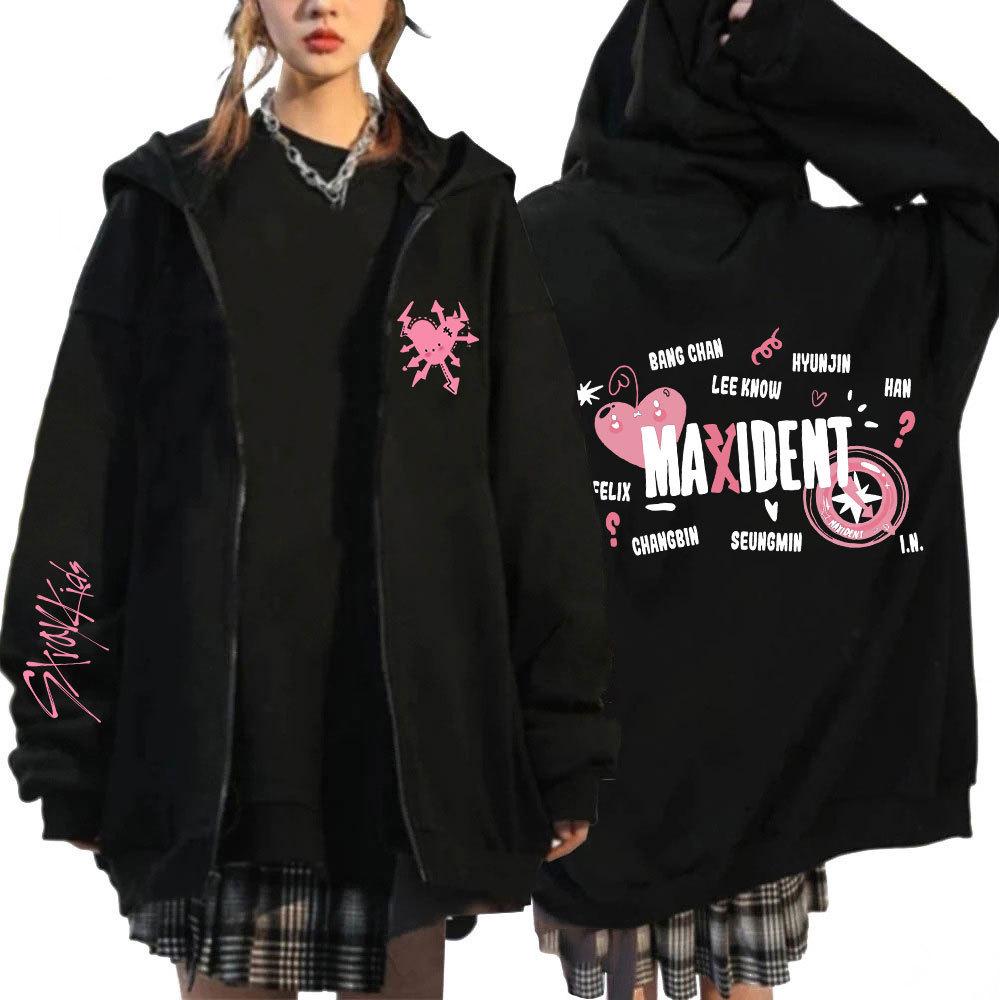 Unisex Harajuku Stray Kids Maxident Print Zip-Up Hoodie, Hip-Hop Y2K Style