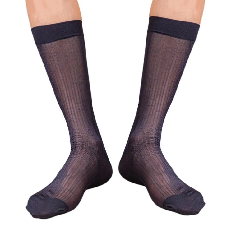 Mens Thin Sheer Silk Formal Dress Suit Socks Casual Business Socks Nylon Breathable Glossy Striped Long Calf Socks