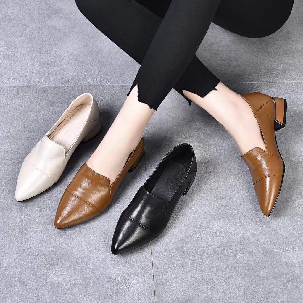 High heels women's spring new comfortable cowhide pointed thick heel medium heel work shoes one shoe two wear low-top shoes