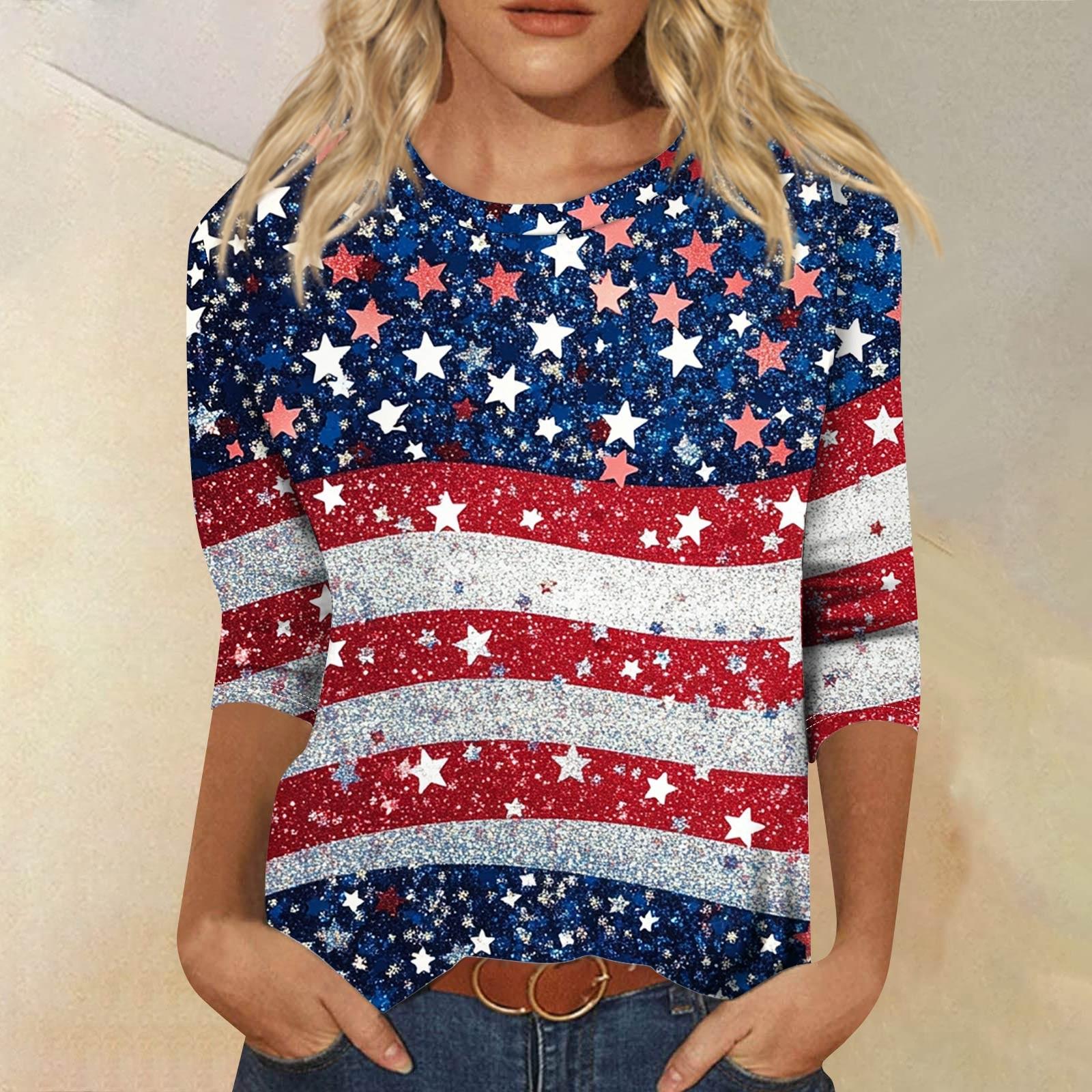 

Женская мода повседневный топ с круглым вырезом и принтом на День независимости с семью рукавами XXL