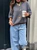 Women's Color Block Horizontal Stripe Knitwear - Casual Loose Batwing Mid-Sleeve Short Pullover Sweater