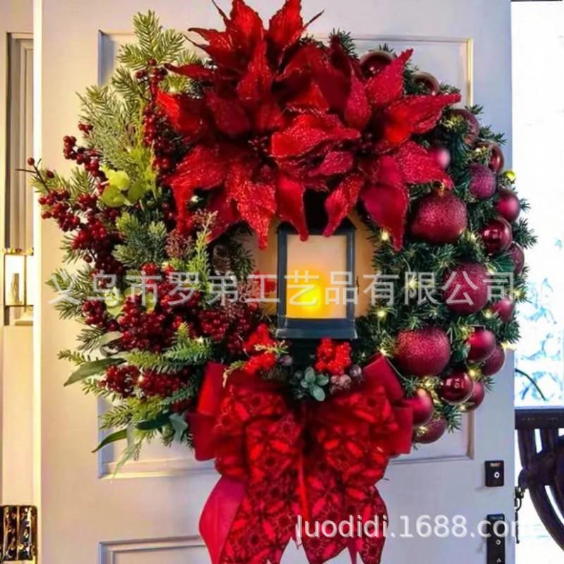 Christmas Decorations Set: LED String Lights Red Poinsettia Flowers Wreath Door Hanging Home Festive Interior