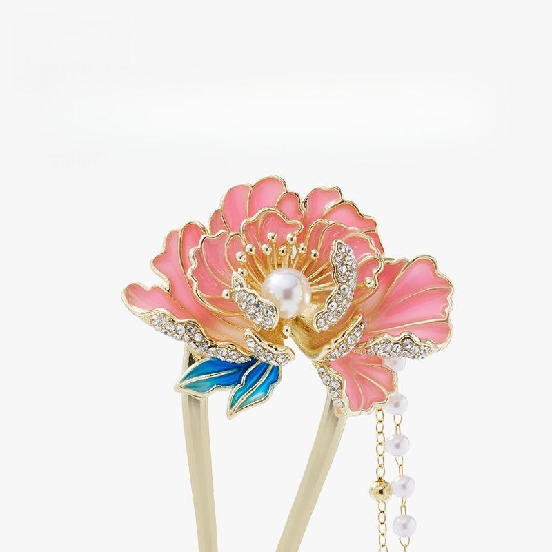 Peony Hairpin Tassel Hair Stick U Shape Hair Clip Chinese Style Ornament for Women Daily Hair Decoration Hairbows for Girls