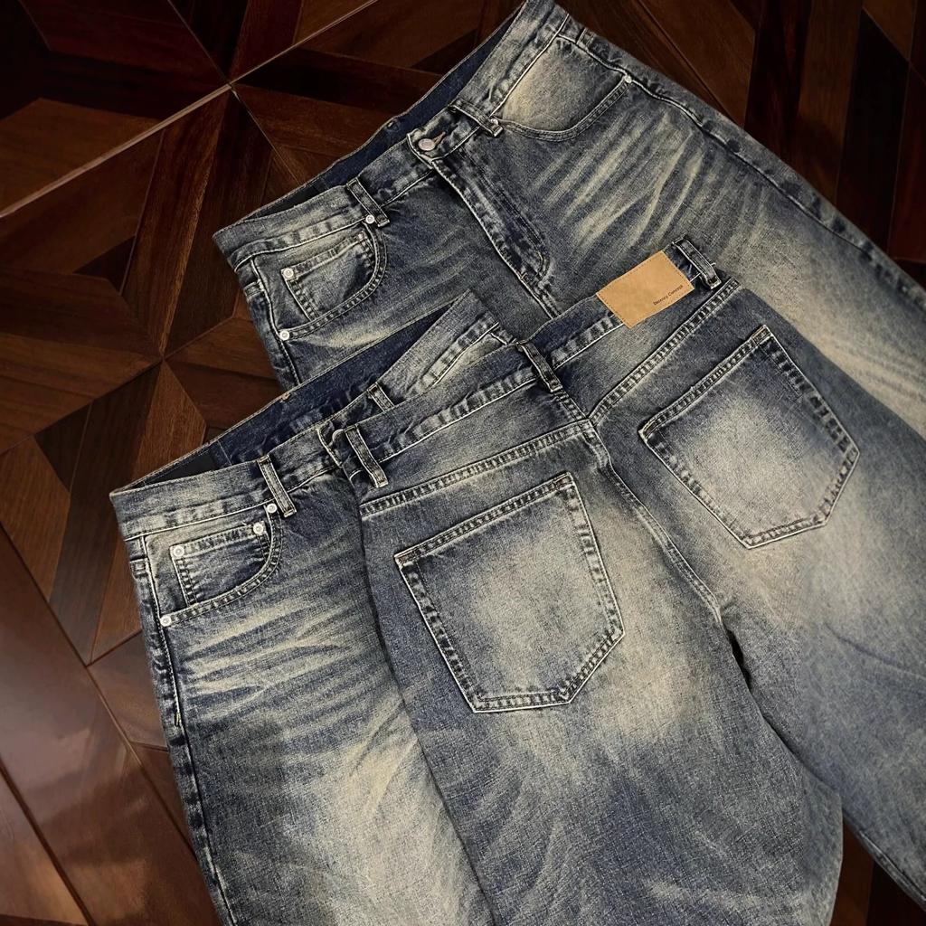 Europäische und amerikanische günstige Marke Aufhellung gewaschene Einbuchtung Retro-Jeans gerade locker weiter Bein Bodenlänge Hosen Männer und Frauen