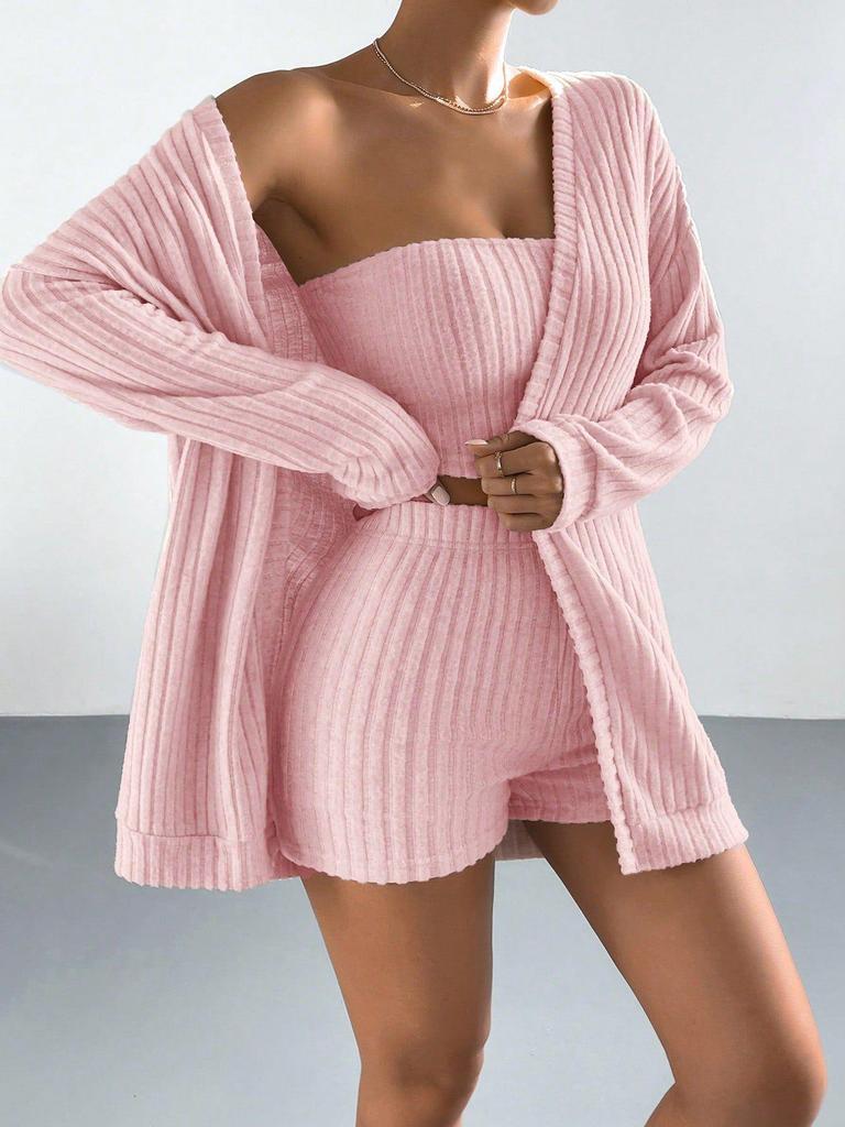Cross-Border Brushed Ribbed Women's Three-Piece Pajama Set: Long Sleeve Cardigan, Bandeau, and Shorts - Wear Indoors or Out