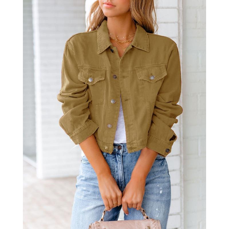 

Европейские и американские женские весенне-летние новые джинсовые пальто и куртки с длинными рукавами 3XL хаки