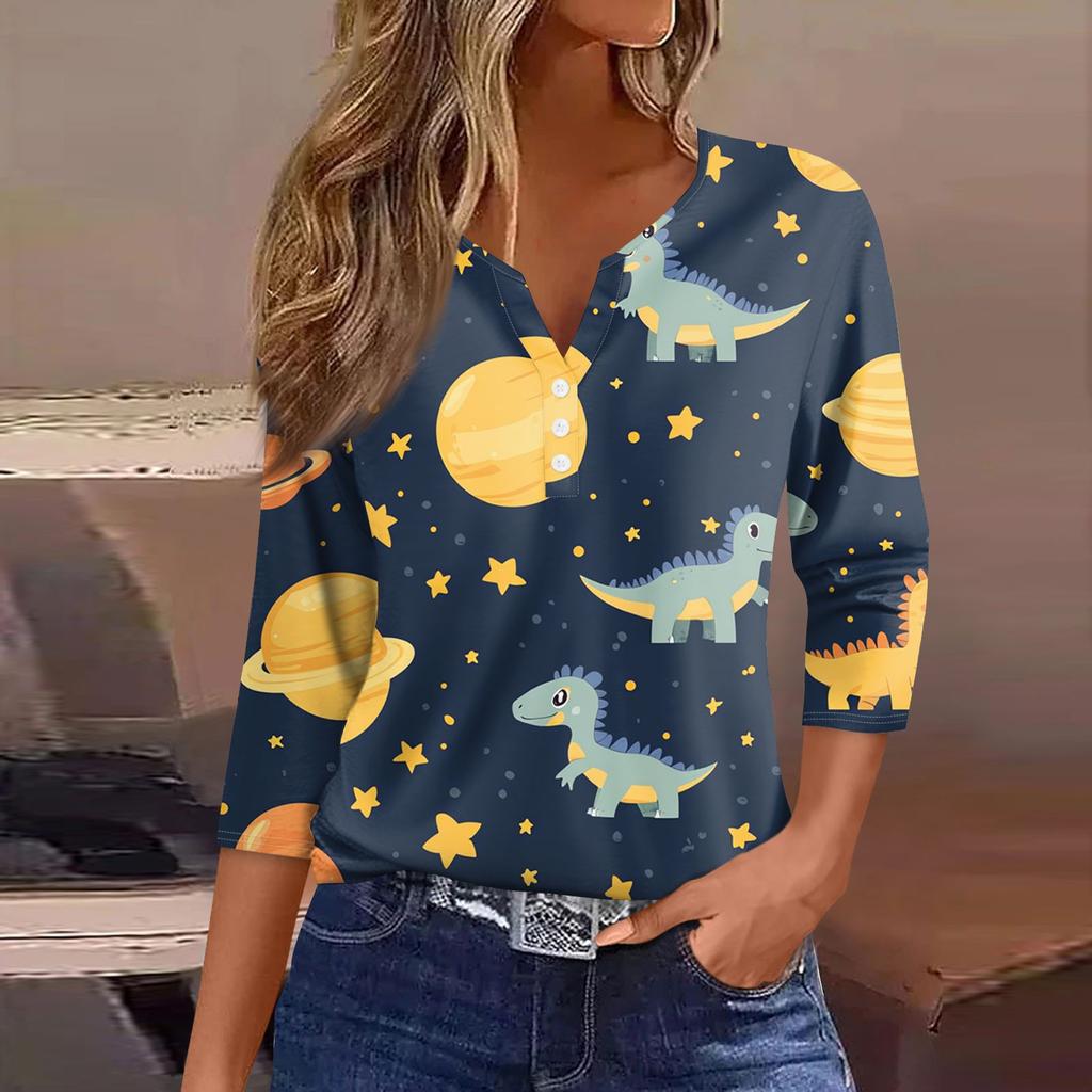 Women's Fashion Button V-Neck Seven Sleeve Cute Animal Print Casual Top