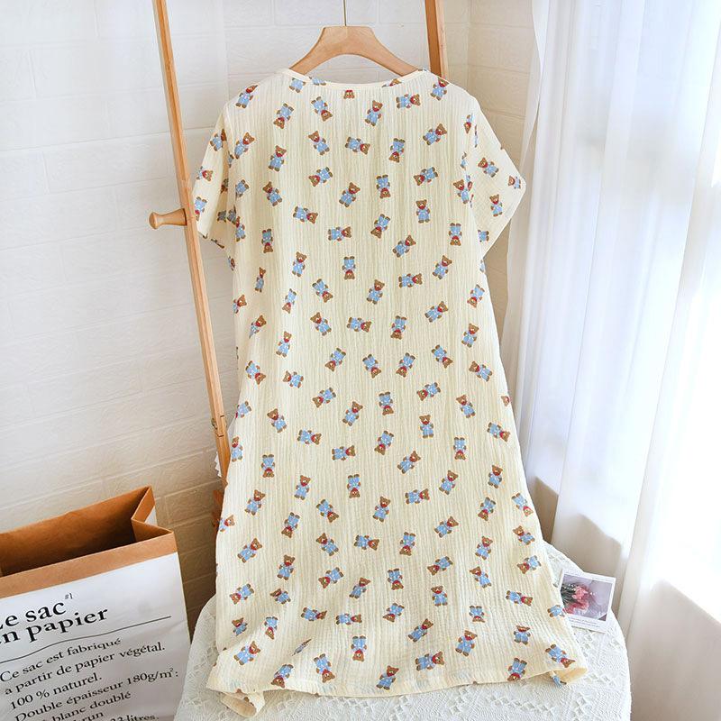 Summer Loose Size Nightgown Short Sleeved Cotton Crepe Fabric Multi Colors Women's Home Clothes Night Dress Pajamas