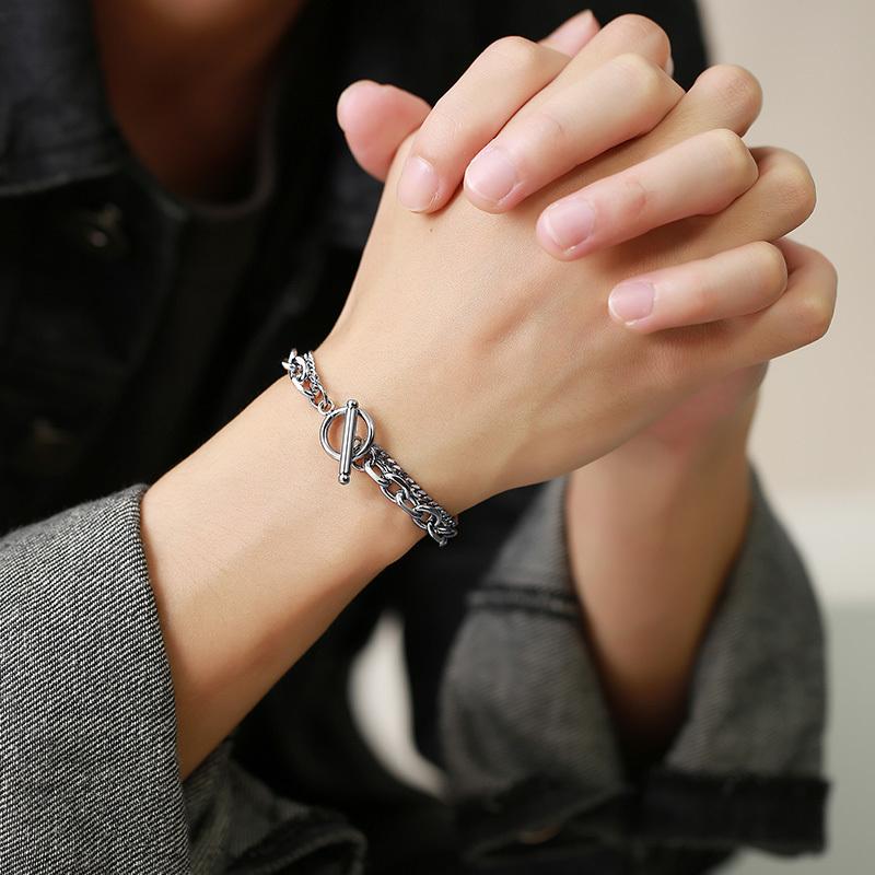 Vnox Rock Punk Doube Chains Bracelets for Men, Never Fade Stainless Steel Cuban O Chain Wristband Jewelry, 19/21cm