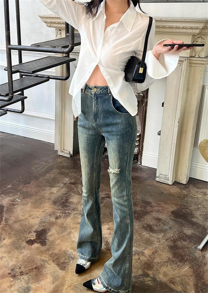 PTORGE White Dress Solid Long Sheer Flared Y2K Street Style Women's Shirt, Color, Turn-Down Collar, Sleeve, Shirt, See-Through Blouse, Open-Collar