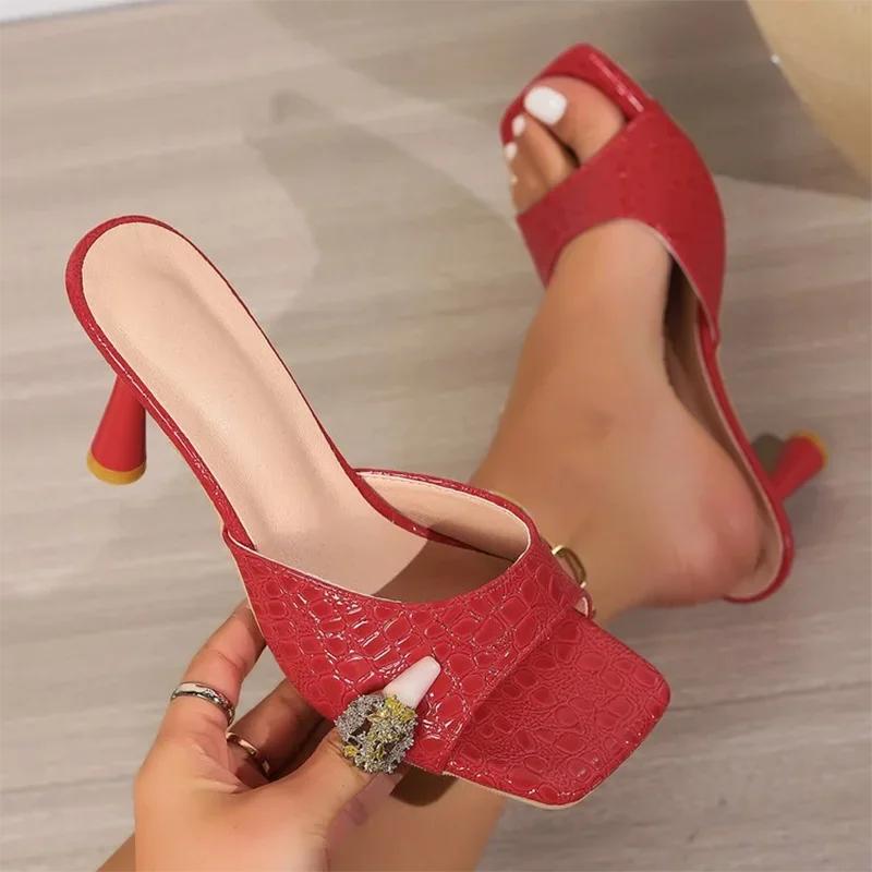 Luxury Gold Silver High Heels Sandals Women  Slip On Square Toe Summer Slippers Woman Plus Size 43 Thin Heeled Party Shoes