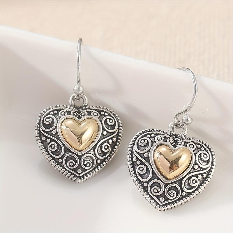 Vintage Heart-shaped Material Craftsman Carved Texture Earrings for Women, Bohemian Style Two Tone Heart-shaped Pendant Earrings