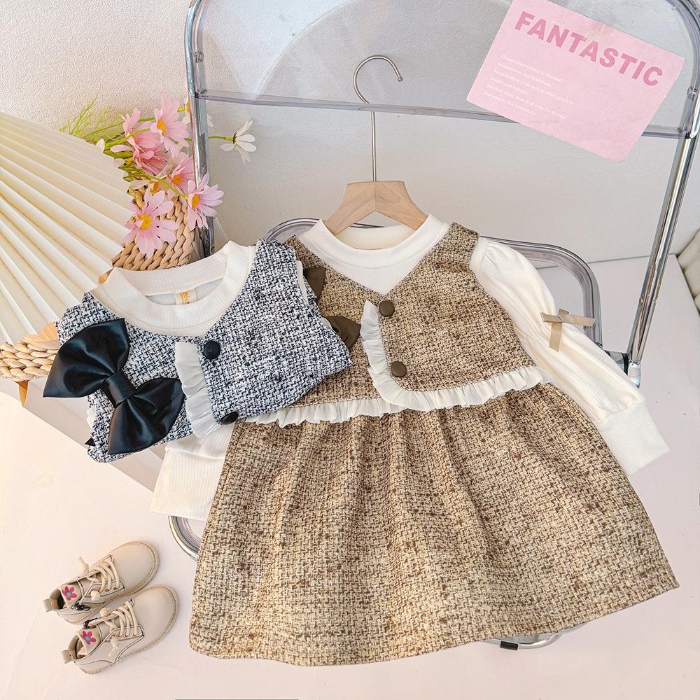 Autumn Sweet Bow Baby Girl Dress Simple Checkered Long Sleeved Children'S Clothing Suitable Babies