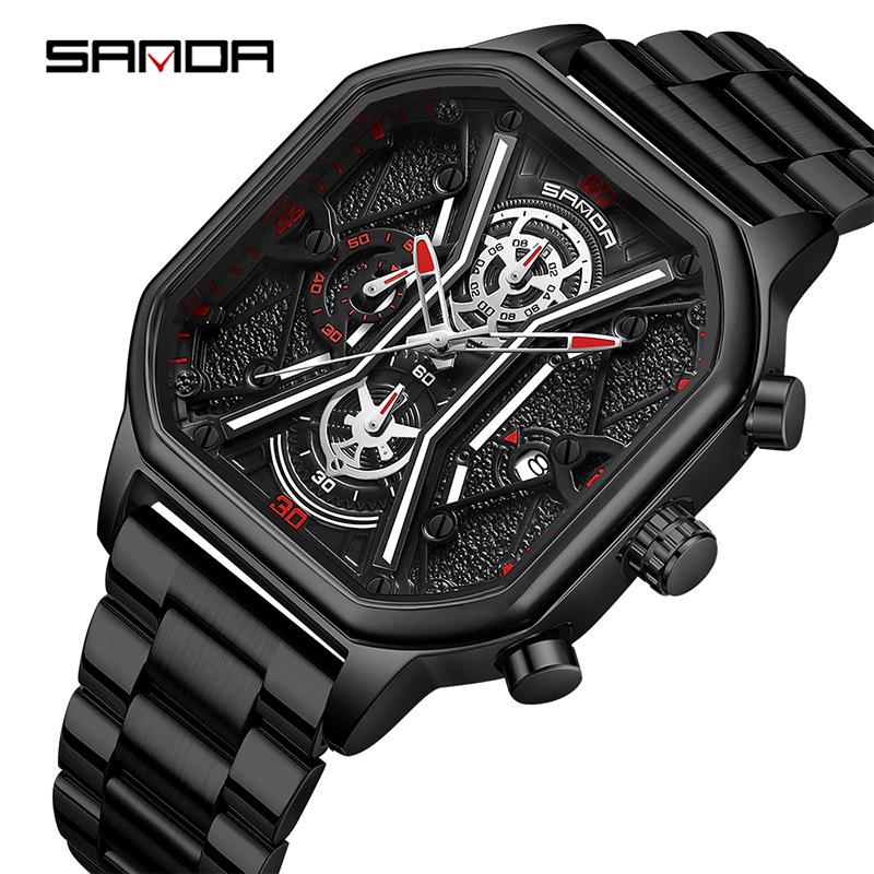 SANDA Trendy Men's Square Quartz Watch - Fashionable Multi-Function Calendar Wristwatch
