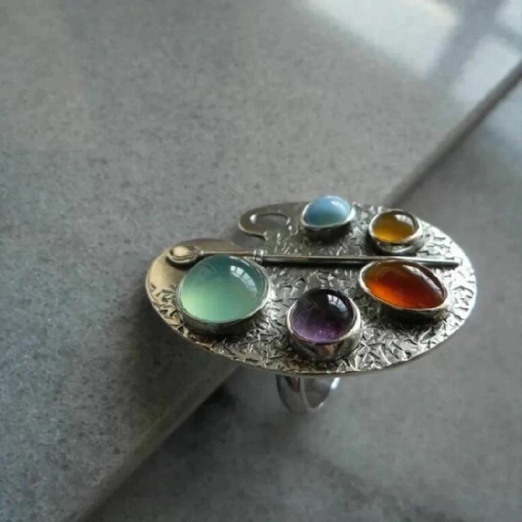 Retro Künstlerischer Statement-Ring Verstellbar Bunte Kristallverzierungen Stilvolles Design Kreativer Schmuck Geschenk für Sie