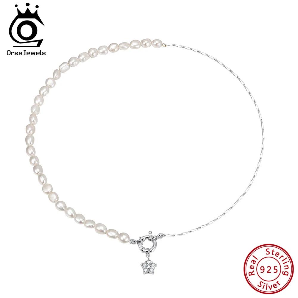 ORSA JEWELS Unique 925 Silver Natural Pearl Choker Necklace with Zircon Vintage Link Necklace for Women Chain Jewelry GPN92