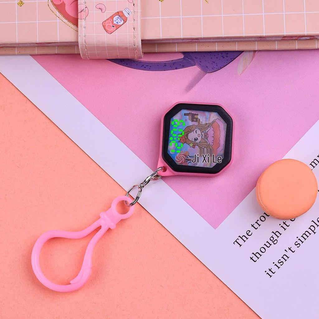 Mini LED Cartoon Cat Keychain Watch Pendant for Kids