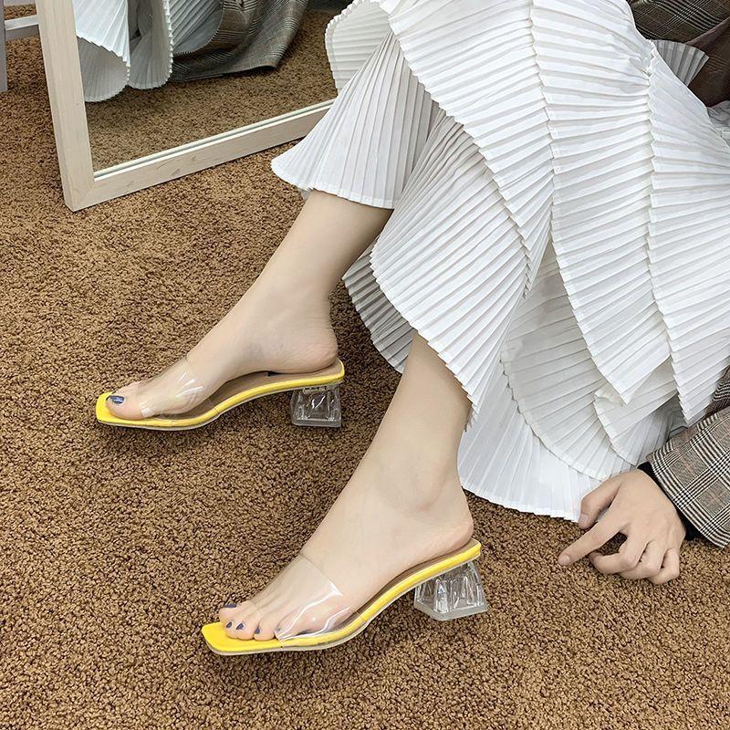 2025 summer transparent slippers women's fashion and versatile new Internet celebrity super high heel shoes crystal thick heel sandals