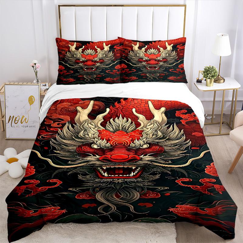 3PCs Traditional Dragon Design Design Cover Set, Breathable Fabric, Machine Washable (1 Duvet Cover + 2 Pillowcases) (Without Quilt) Yy250911165
