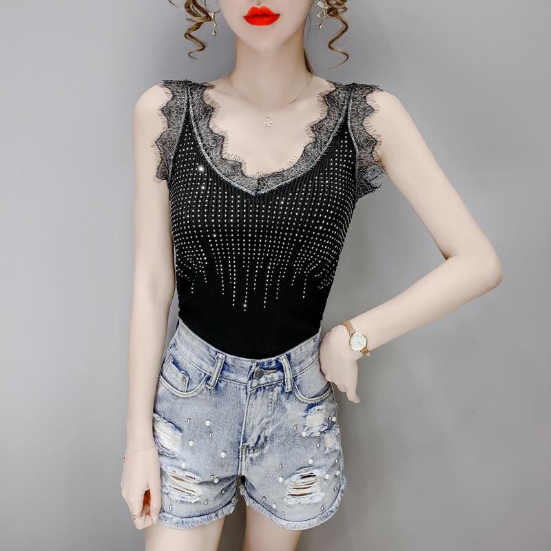 Women Spring Summer Curly Beads Lace V Neck Knit Camisole Sleeveless Diamond Outer Wear Tank Tops
