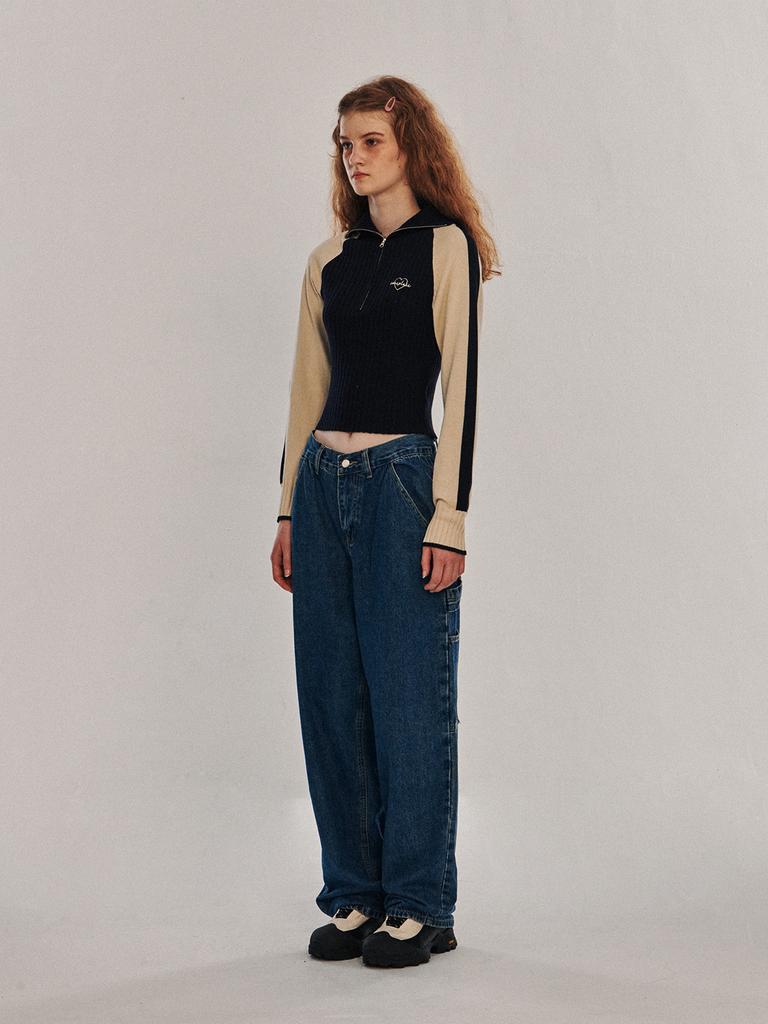 SOME PLACE Two-Color High-Neck Half-Zip Line Knit T-Shirt [Navy]