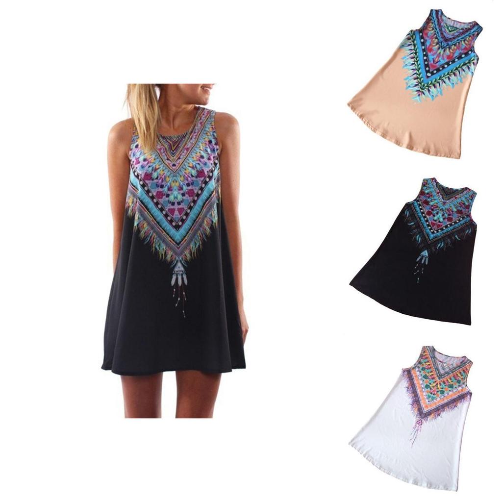 Women Loose Dresses Sleeveless Mini Dress Vintage Hippie Beachwear Boho