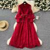 France Vintage Embroidery Formal Dresses Women Summer Autumn Lantern Long Sleeve Lace Pearl Prom Evening Birthday Party Dress