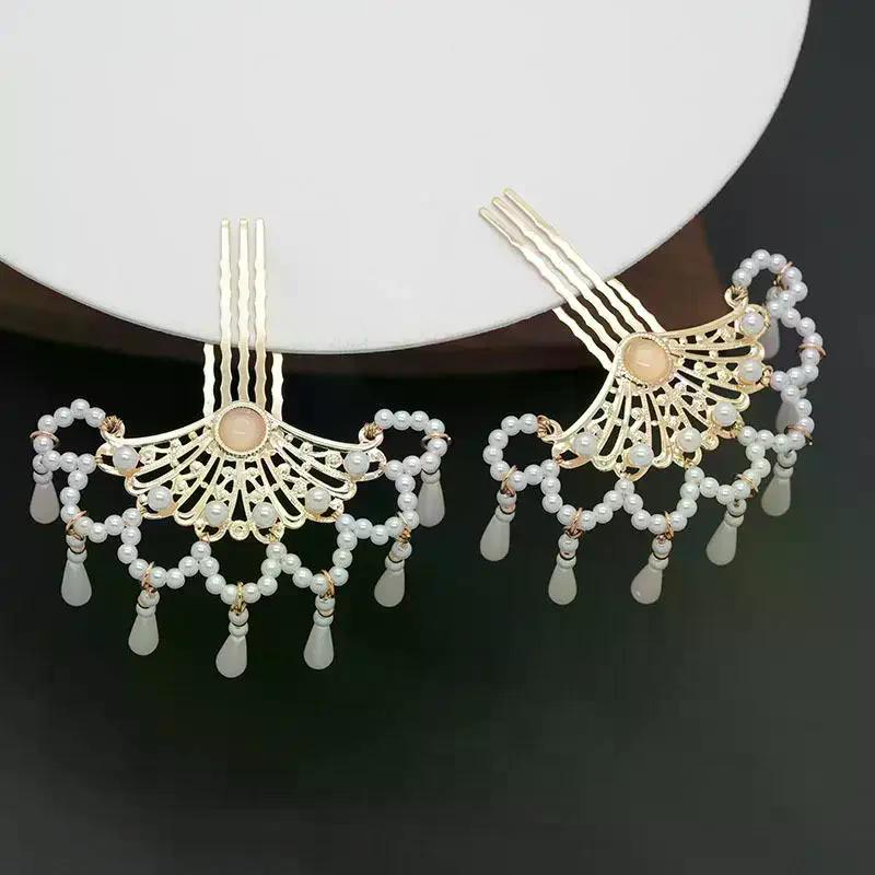 1Pcs Pearl Hair Comb Women Hanfu Cheongsam Comb Hair Side Hairpin Ancient Tasseled Pearl Hair Ornament Hanfu Hairpin