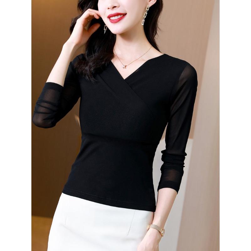 Early Autumn Cross V-neck Long Sleeved Mesh T-shirt for Women Slim Fit Waist Cinching Oversized Stylish Top
